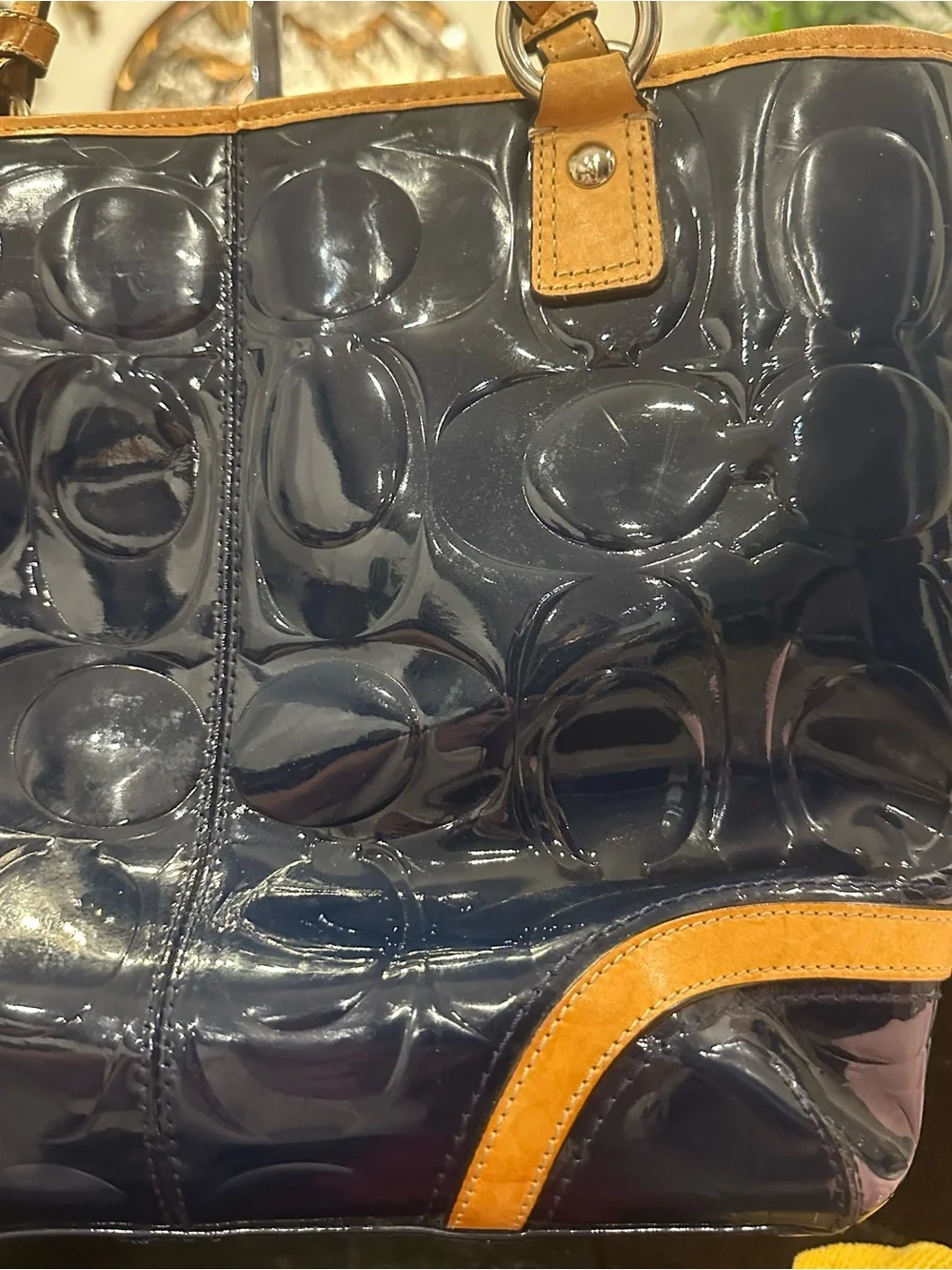 Coach #266 Peyton Embossed Navy Patent Tote with Tan Leather Trim